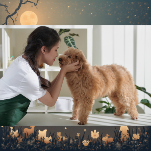 Groomer dando carinho no pet.